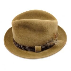 Camel Fedora Hat 7 1/8 Vintage Cavanagh Peer Gordon Felt Trilby with Feather
